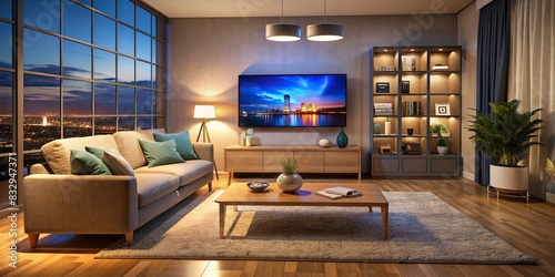 Cozy living room with empty sofa and TV showing evening news