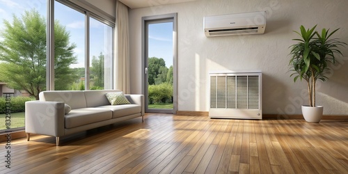 White air conditioner on wooden floor in living room, depicting summer heat