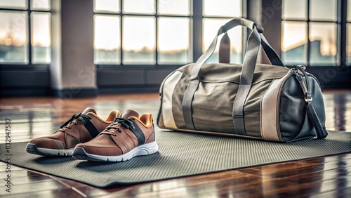 Workout shoes and gym bag on exercise mat with no individuals present in the image