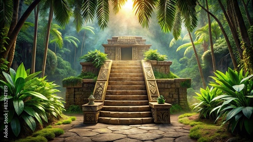 Ancient Aztec cave product display podium with stairs and jungle background
