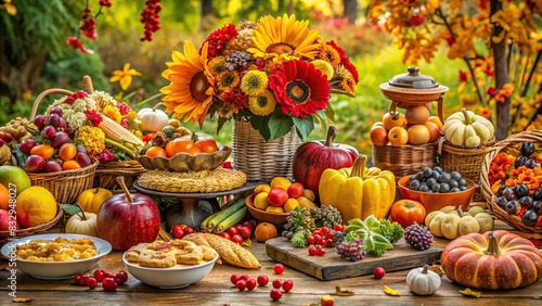 A vibrant autumn table decorated with a variety of food, flowers, and fruits for a festive feast