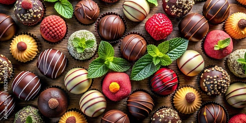 A top-down view of assorted handmade chocolate truffles filled with different flavors like caramel, raspberry, and mint
