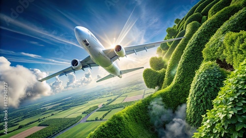 Sustainable aviation fuel concept Image of airplane flying with biofuel green energy