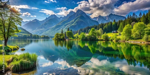 Idyllic scene of a lakeside surrounded by lush greenery and distant mountains