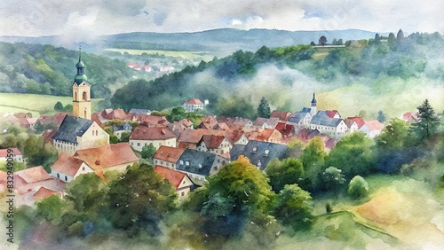Aerial watercolor painting of the Vogtland, Saxony in East Germany