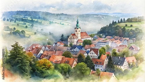 Aerial watercolor painting of the Vogtland, Saxony in East Germany