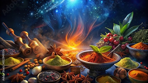 Vibrant Indian herbs and spices with copy space, glowing