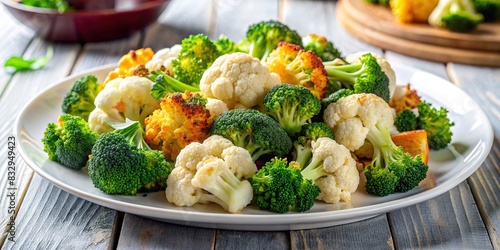 Roasted broccoli cauliflower on a white plate, vegetable diet food