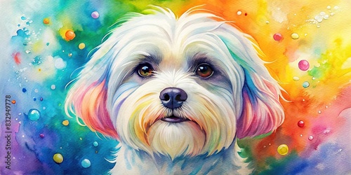 Colorful watercolor painting of a maltese dog portrait