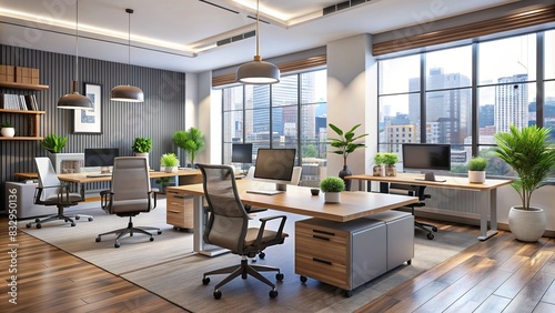 Modern office room with sleek desks and comfortable chairs