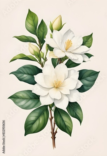 Beautiful Watercolor Gardenia Flower Painting in Vintage Style
