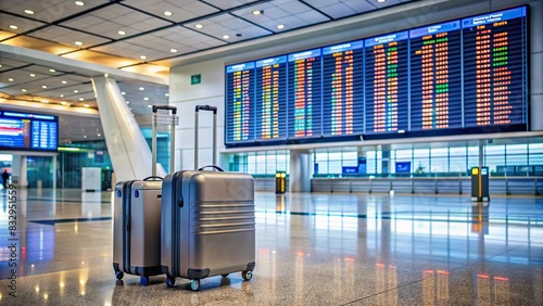 Airport departure terminal with suitcases and flight information board