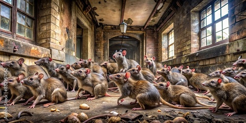 Swarm of rats infesting an abandoned building