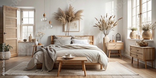 Neutral Scandi-style bedroom with hygge furniture, linen bedding, and dried flowers in a vase