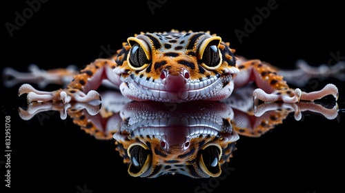 close up of leopard gecko with black background.