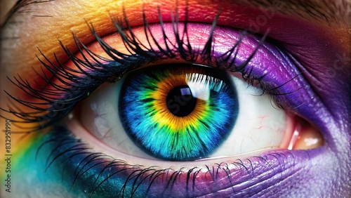 Close-up image of a single eye with long eyelashes and vibrant colored iris