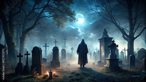 Dark and eerie cemetery at night with old tombstones and mist, a menacing silhouette of a vampire lurking among the graves
