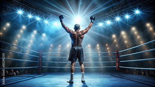 Boxing ring with spotlight shining down on victorious male boxer