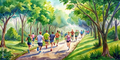 Watercolor of a scenic marathon route with running trails amidst lush greenery