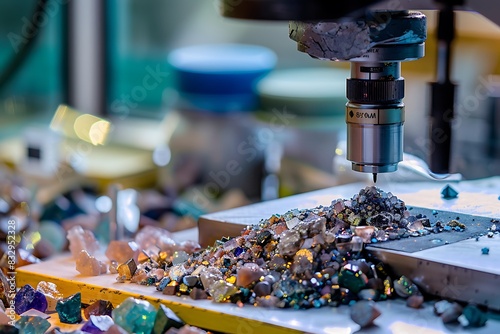 A diamond drill core sample with colorful mineral deposits, displayed on a laboratory table.
