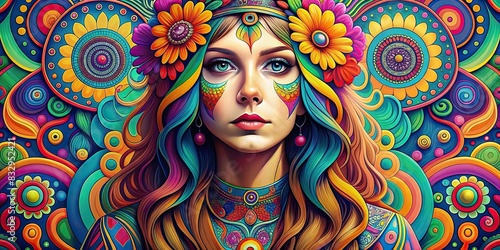 Colorful psychedelic pop art of a hippie girl with retro vibes