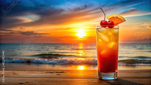Vibrant tequila sunrise cocktail in highball glass with orange slice and cherry garnish, against a beach sunrise backdrop, no people visible