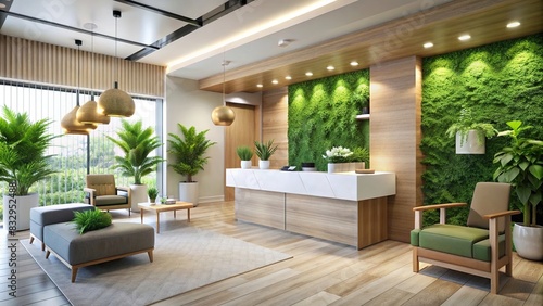Modern homeopathy clinic reception area with green plants, contemporary design, and inviting atmosphere