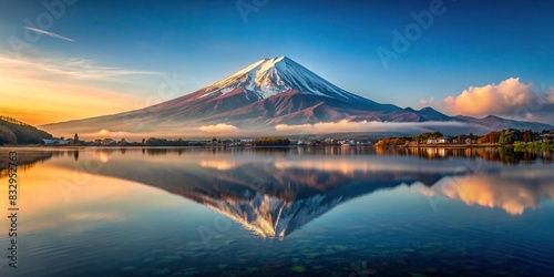 A serene and calming image of Mount Fuji reflected upside-down on a still lake surface