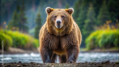 Ferocious brown grizzly bear standing on a background