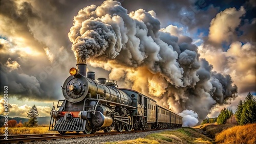 Dynamic shot of a steam locomotive billowing smoke in elegant cloud-like shapes