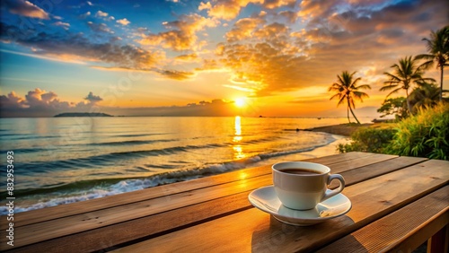 Tranquil coffee break with a sunset view by the beach