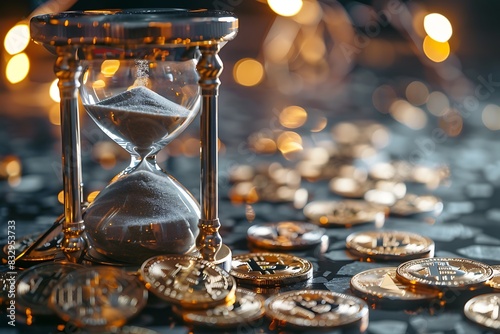A digital hourglass with cryptocurrency tokens as the sand