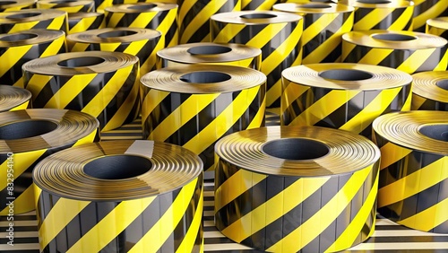 Rolls of yellow and black barricade tape used for safety and caution