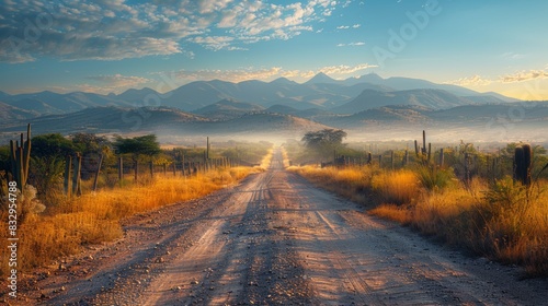 A breathtaking sunrise view of a remote dirt road leading into misty mountains, surrounded by wild vegetation and cacti under a sky with scattered clouds