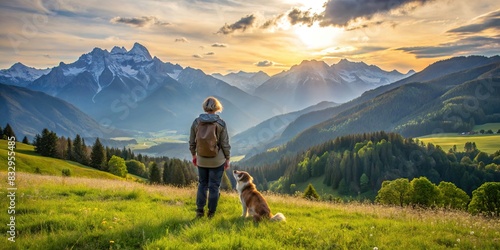 Person with dog on meadow looking at mountains