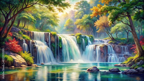 Beautiful watercolor painting of a waterfall