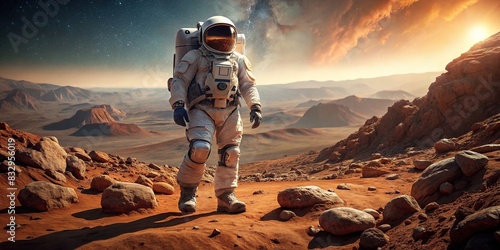 A space astronaut in a full spacesuit exploring the rocky terrain of planet Mars