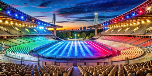 Scenic view of Olympic stadium in Paris with colorful lights and empty seats