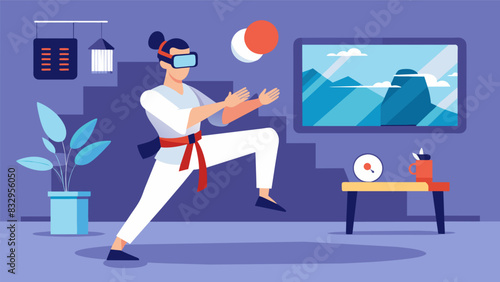 A martial arts student using VR to practice their forms and katas receiving guidance from a virtual instructor.. Vector illustration