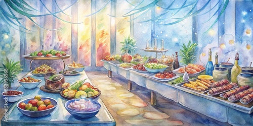 Indoor buffet spread with grilled meats and vegetables for festive event