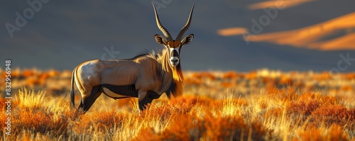 A magnificent gemsbok standing majestically in the golden grasslands, showcasing its long curved horns and striking black-and-white facial markings against a backdrop of distant dunes at sunset