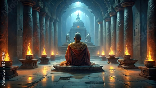 Faceless Tibetan monk meditating in a sacred temple