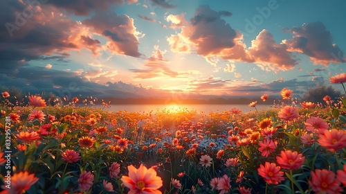 A field of colorful flowers, with a sunset in the background, near a body of water.