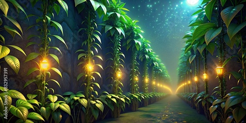 Row of tropical creeper plants on background with a glowing effect