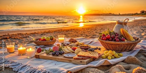 Boho style picnic on the beach at sunset featuring a charcuterie board and cheese platter