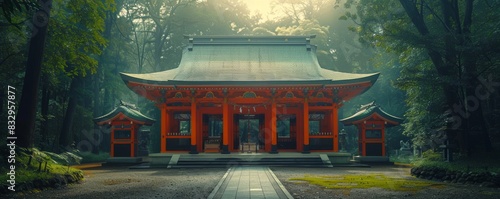 A serene, misty morning view of a traditional Japanese Shinto shrine nestled in a lush forest, featuring vibrant red accents and intricate architecture