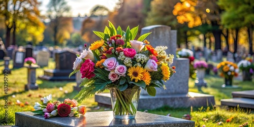 Bouquet of flowers placed on a grave at a cemetery