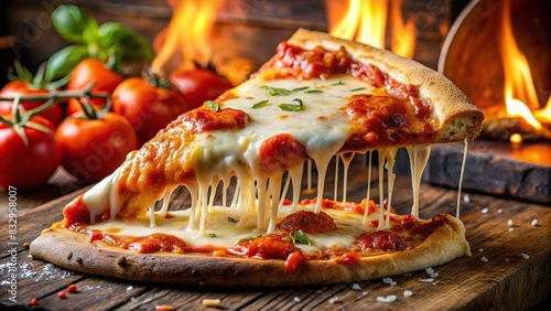 Cheesy pizza slice with wood-fired crust, tomato sauce, and melting cheese, a tempting Italian delight