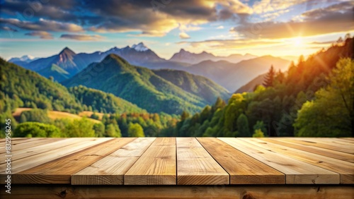 Empty wooden table for product display with blurred mountains background