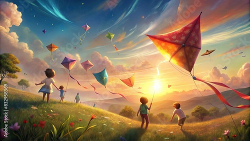 Children's kites flying in a sunny and windy outdoor setting, symbolizing the arrival of spring and joy
